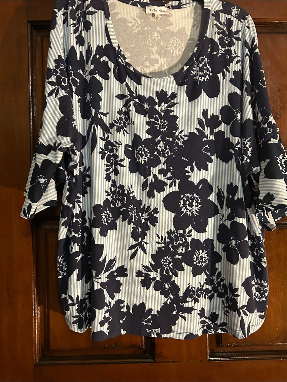 Calvin Klein Navy and Light Blue Floral Stripe Scoop Neck Tunic